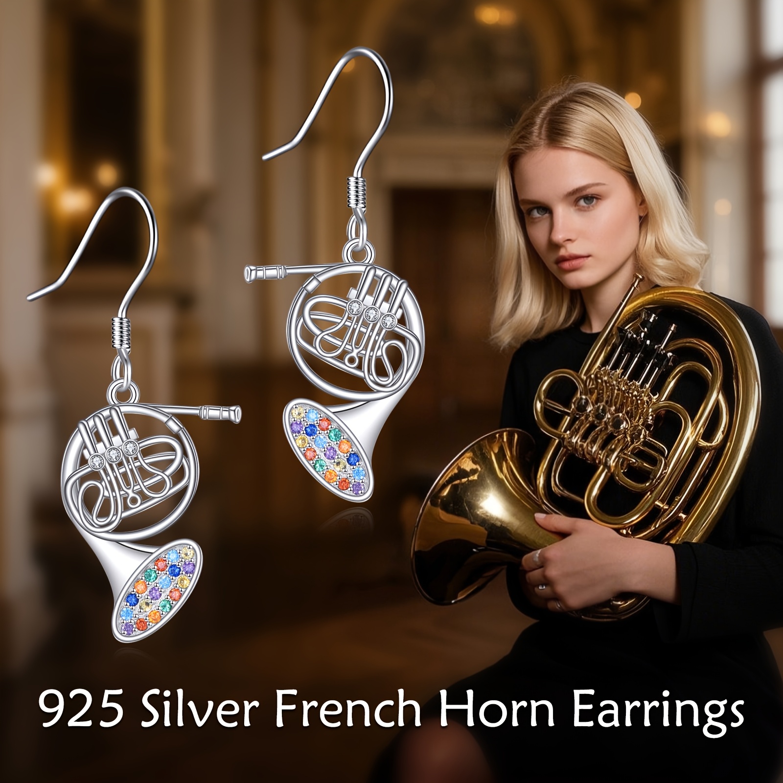 French Horn Music Earrings in 925 Sterling Silver